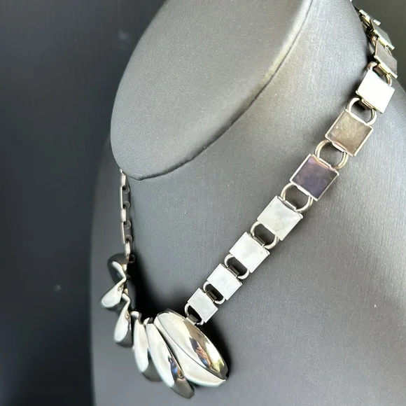 VTG Modernist Unique Shiny Chrome Necklace Chunky Bookchain Statement Tribal - Picture 5 of 7